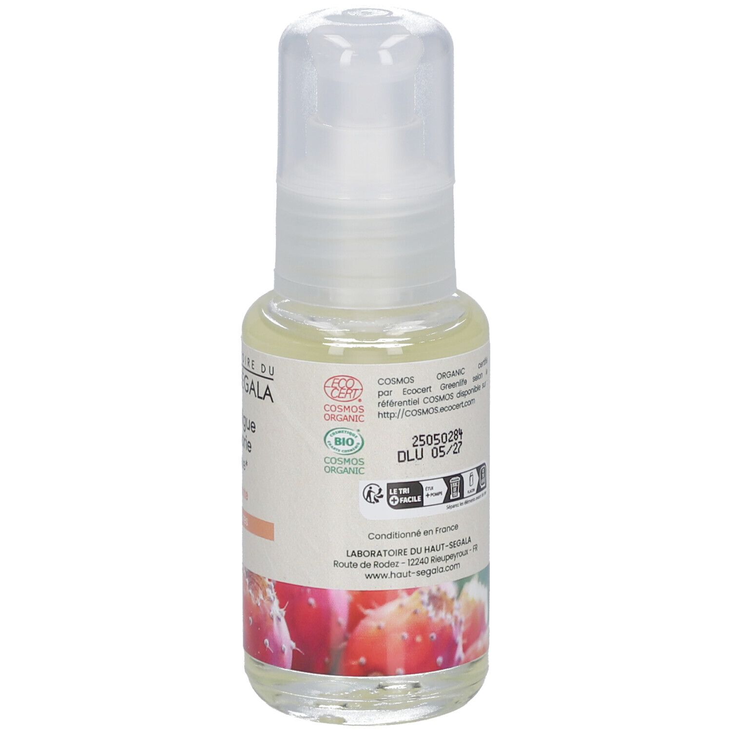 Fles met doseerpomp. Etiket met productnaam en logo. Biologische certificering. Illustratie van cactusvijgen.