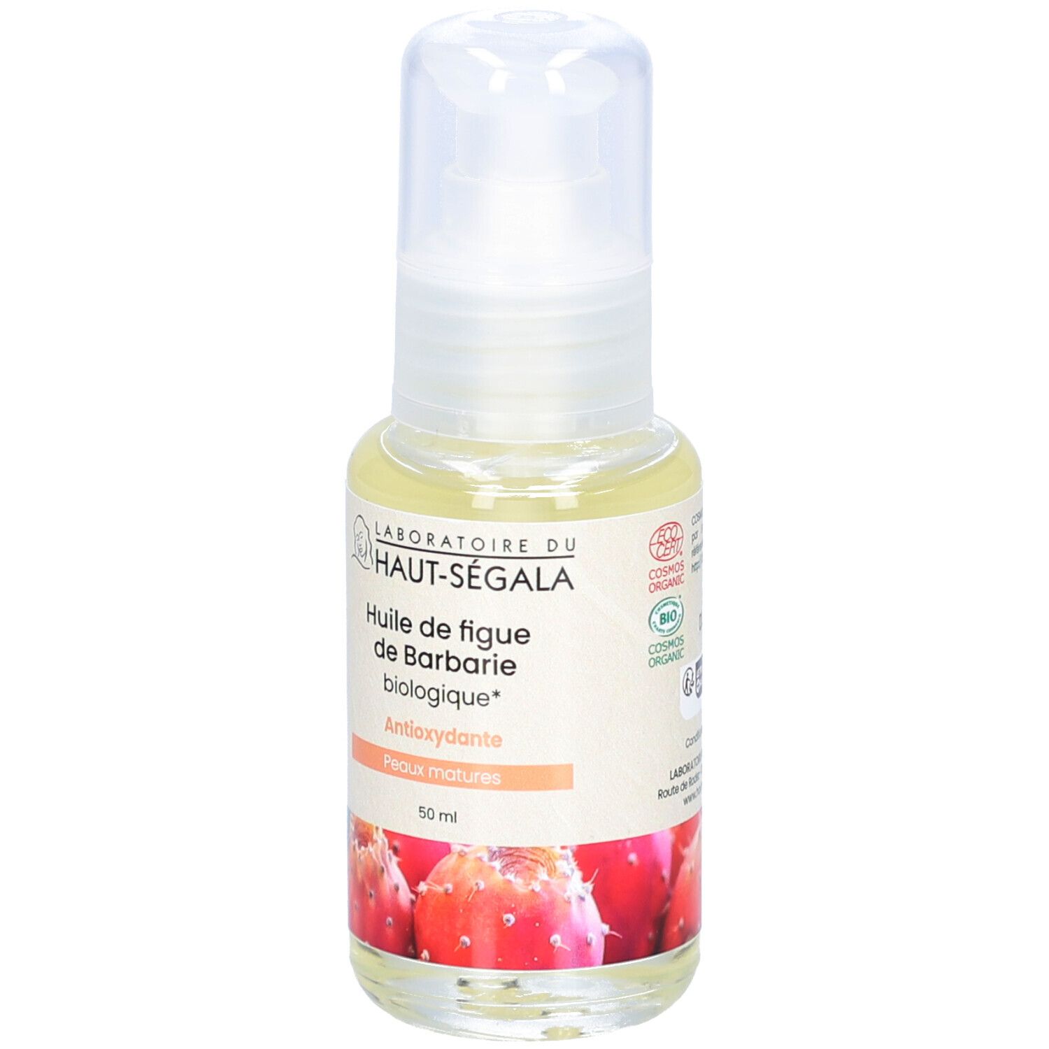 Fles met doseerpomp. Etiket met productnaam en logo. Biologische certificering. Illustratie van cactusvijgen.