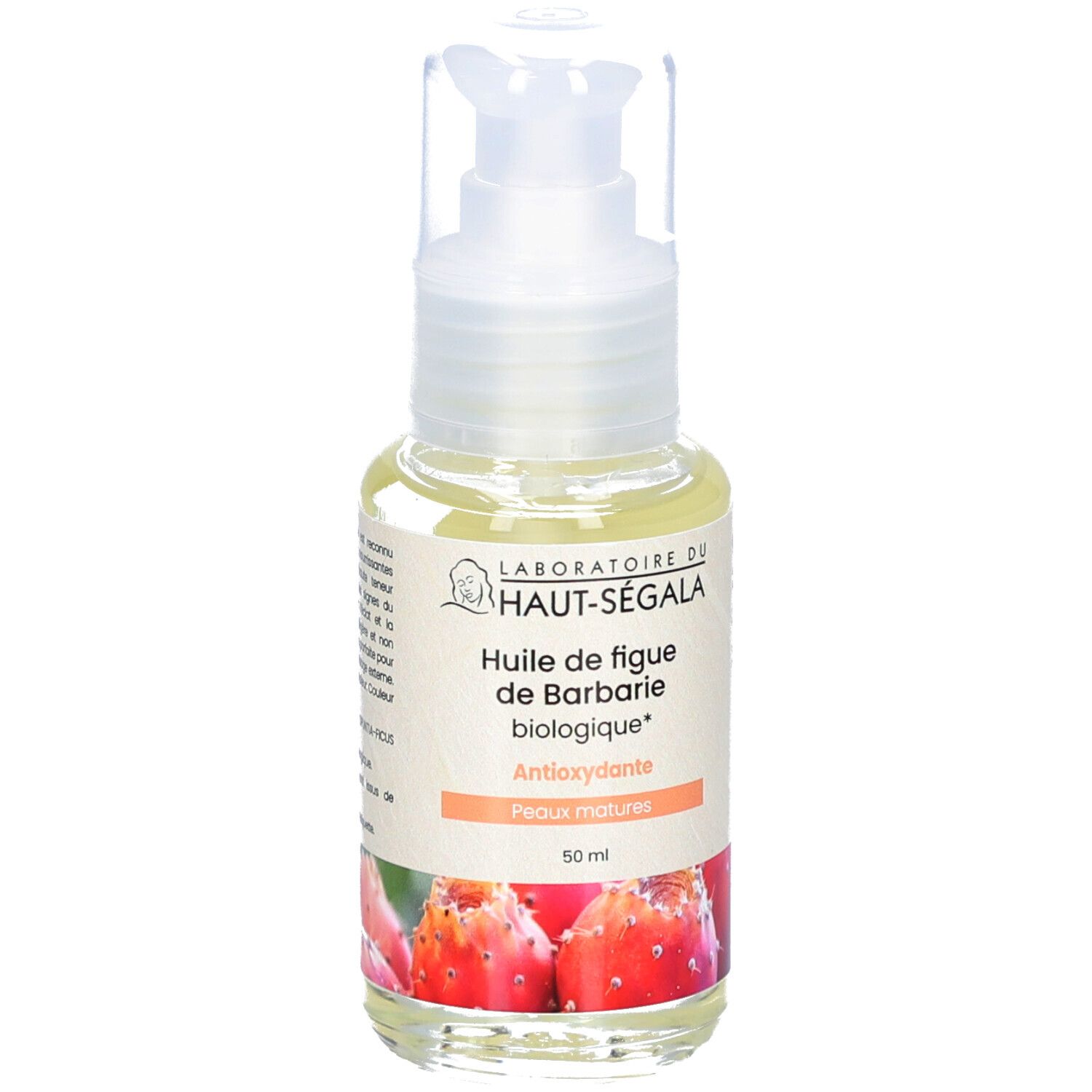 Fles met doseerpomp. Etiket met productnaam en logo. Biologische certificering. Illustratie van cactusvijgen.