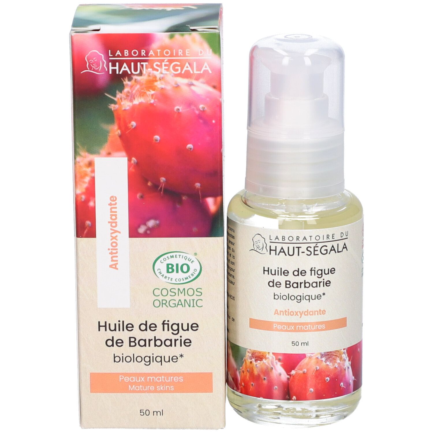 Fles en verpakking met productinformatie. Label met logo en tekst. Biologische certificering. Illustratie van cactusvijgen.