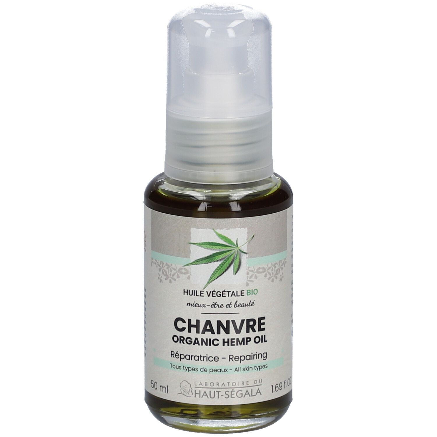 Flacon en verre transparent avec pompe. Inscription: Chanvre, Organic Hemp Oil, Réparatrice, Tous types de peaux. 50 ml. Label Ecocert.