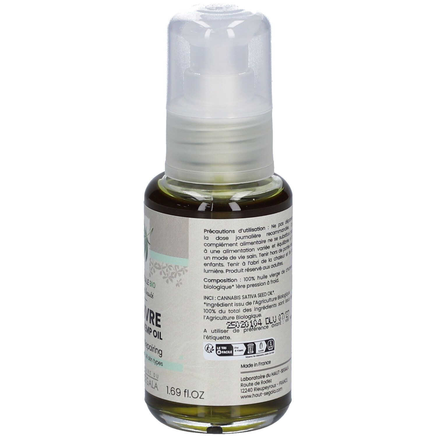 Flacon en verre avec pompe. Inscription: Chanvre, Organic Hemp Oil, Réparatrice, Tous types de peaux. Dos avec texte et labels.