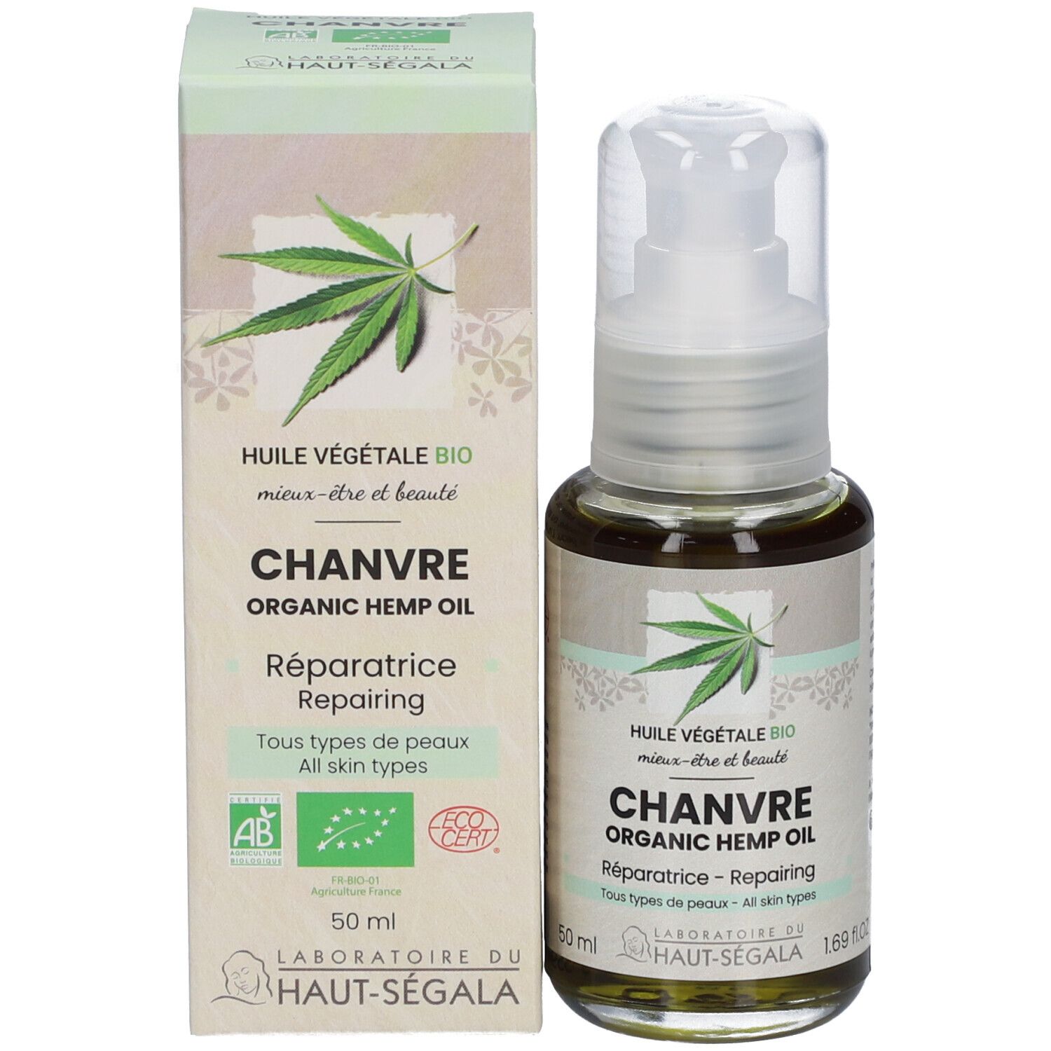 Flacon d'huile de chanvre bio et carton. Inscription: Chanvre, Organic Hemp Oil, Réparatrice, Tous types de peaux. Labels AB et Ecocert.