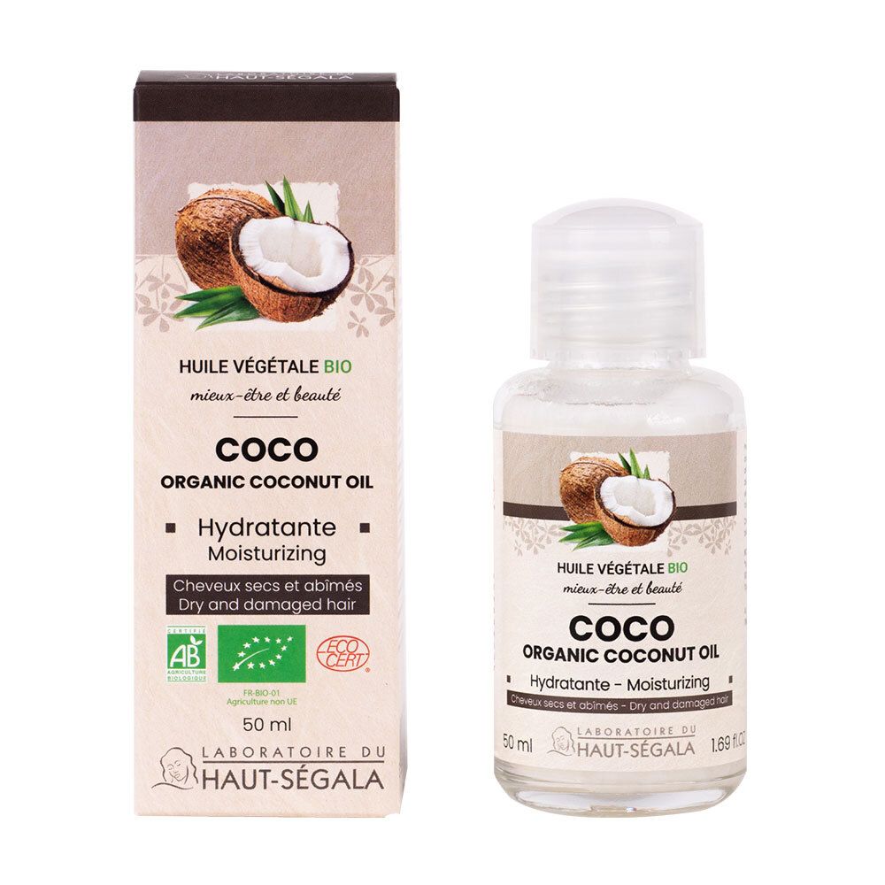 Doos en flesje kokosolie. Opschrift: Coco Organic Coconut Oil, Hydratante, voor droog en beschadigd haar. AB bio-label.