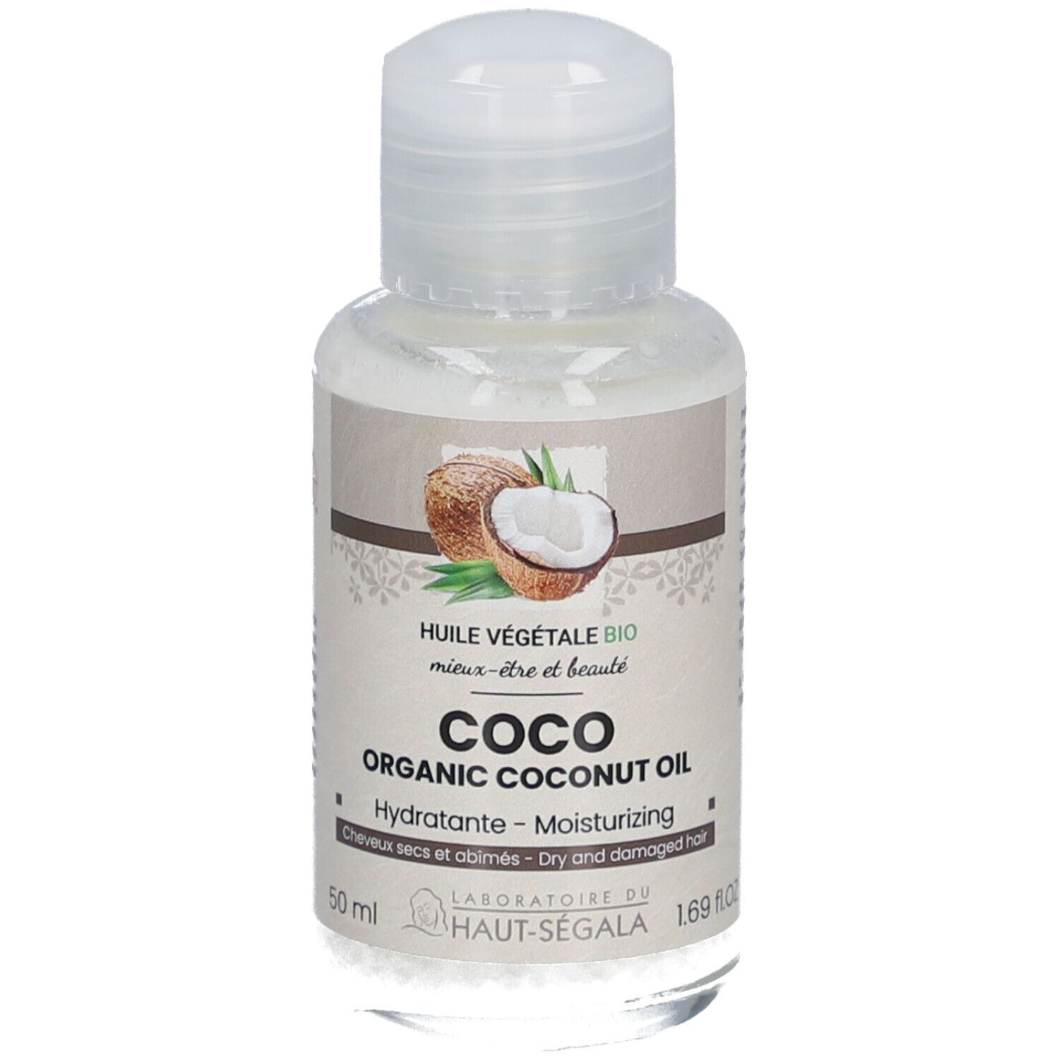Flesje kokosolie met dop. Opschrift: Coco Organic Coconut Oil, Hydratante, voor droog en beschadigd haar. 50 ml.
