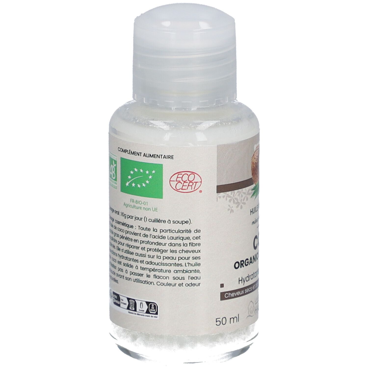 Achterkant van het kokosolieflesje. Tekst: Voedingssupplement, AB bio-label, EcoCert. Gebruiksaanwijzing. 50 ml.