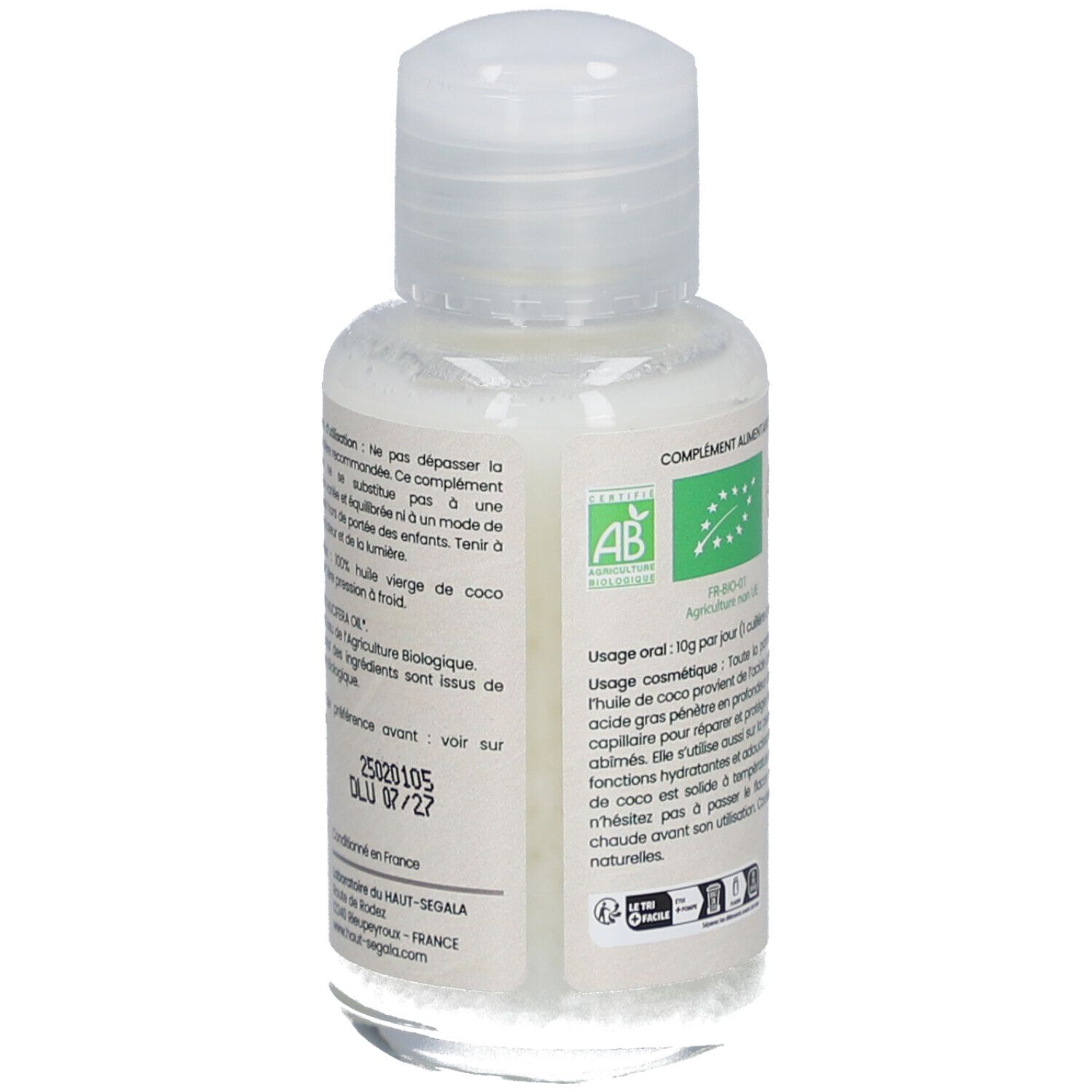 Achterkant van het kokosolieflesje. Tekst: Voedingssupplement, AB bio-label, EcoCert. Gebruiksaanwijzing. 50 ml.
