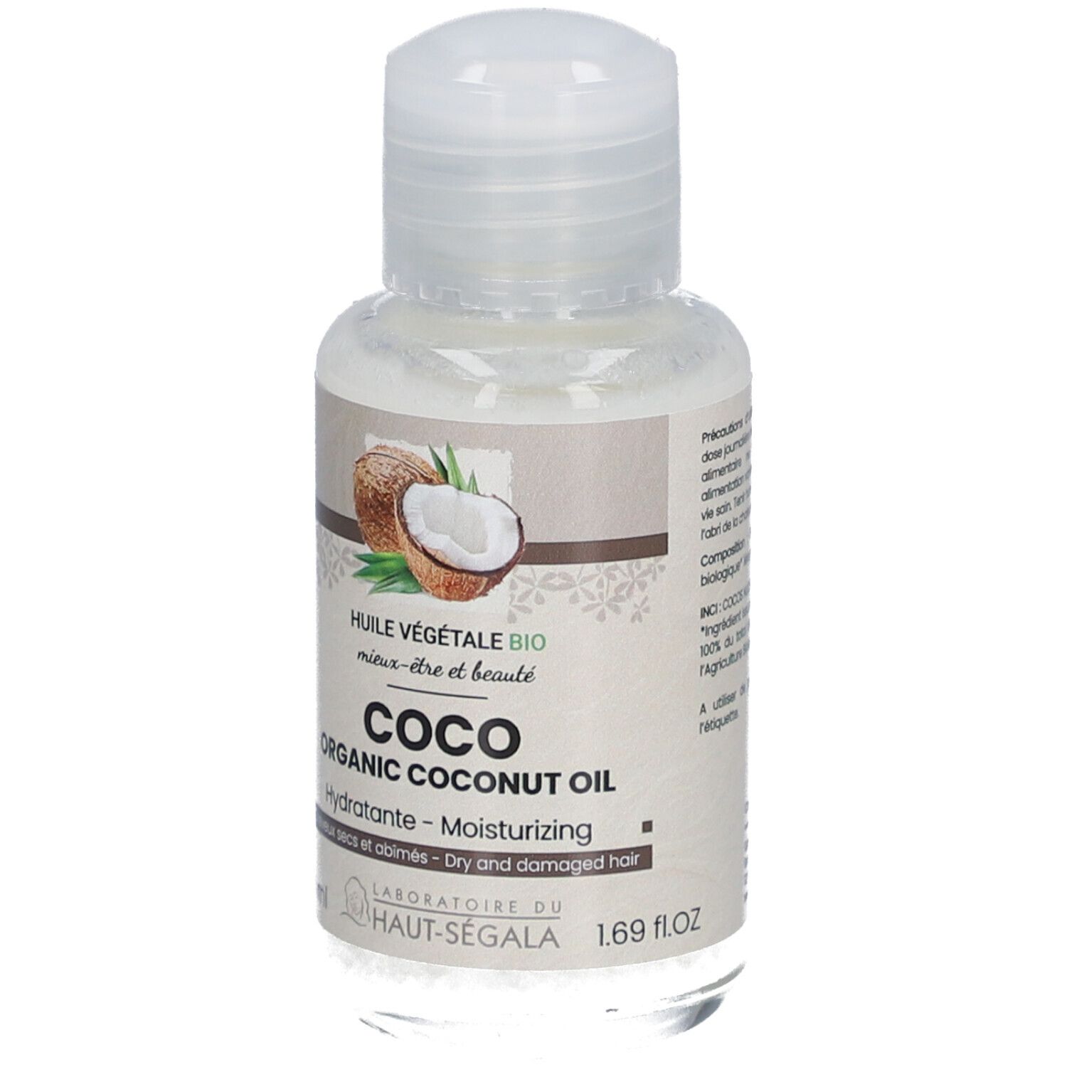 Flesje kokosolie met dop. Opschrift: Coco Organic Coconut Oil, Hydratante, voor droog en beschadigd haar. 1,69 fl.oz.