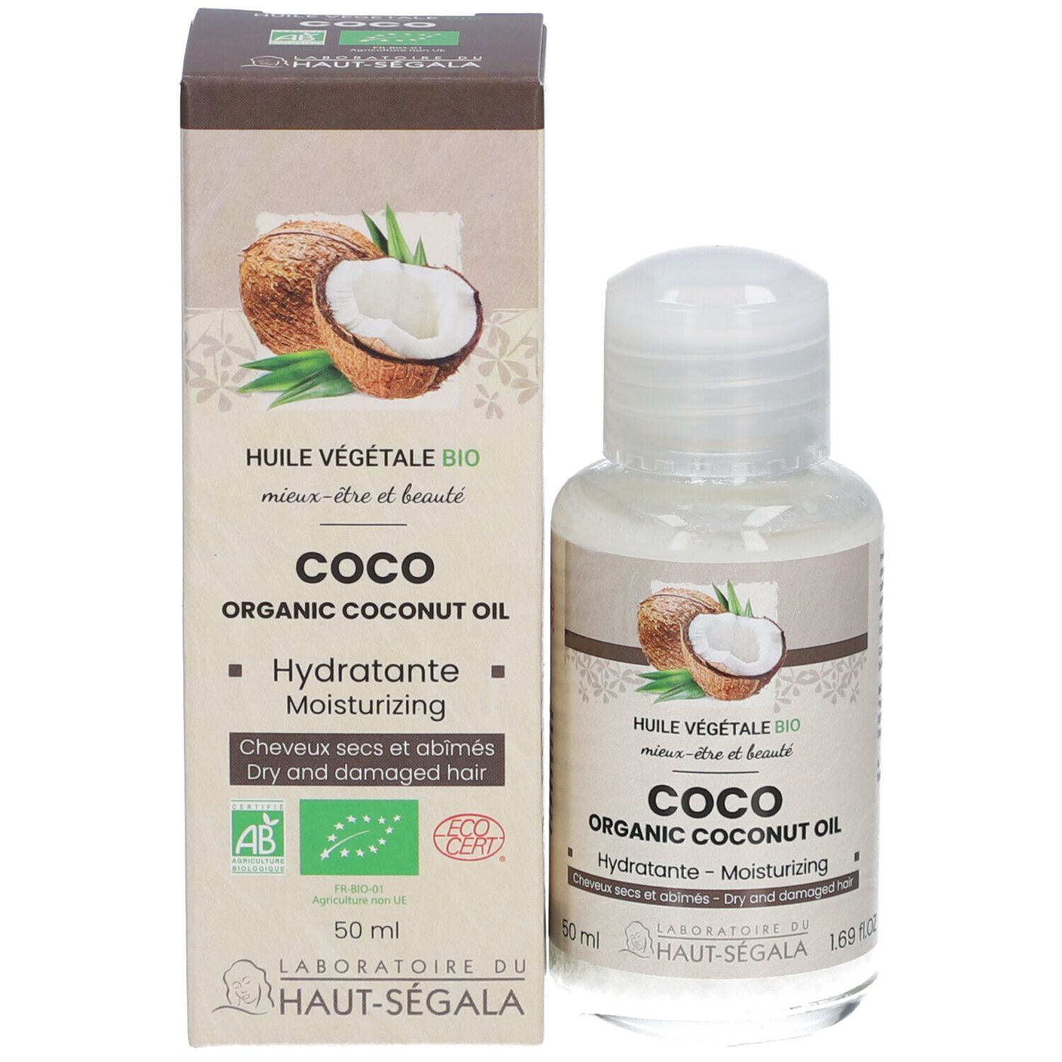 Doos en flesje kokosolie. Opschrift: Coco Organic Coconut Oil, Hydratante, voor droog en beschadigd haar. AB bio-label.