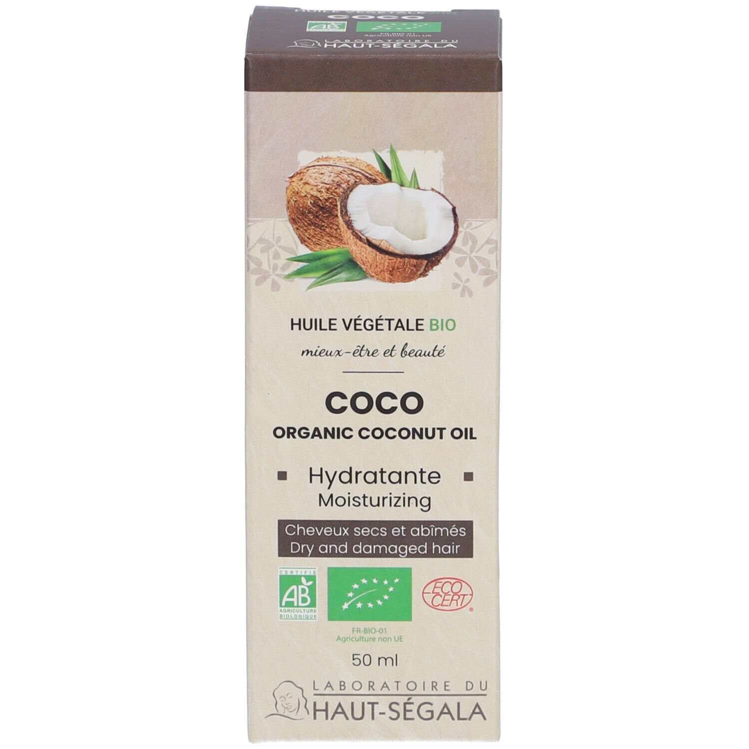 Doos met kokosolie. Opschrift: Coco Organic Coconut Oil, Hydratante, voor droog en beschadigd haar. AB bio-label. 50 ml.
