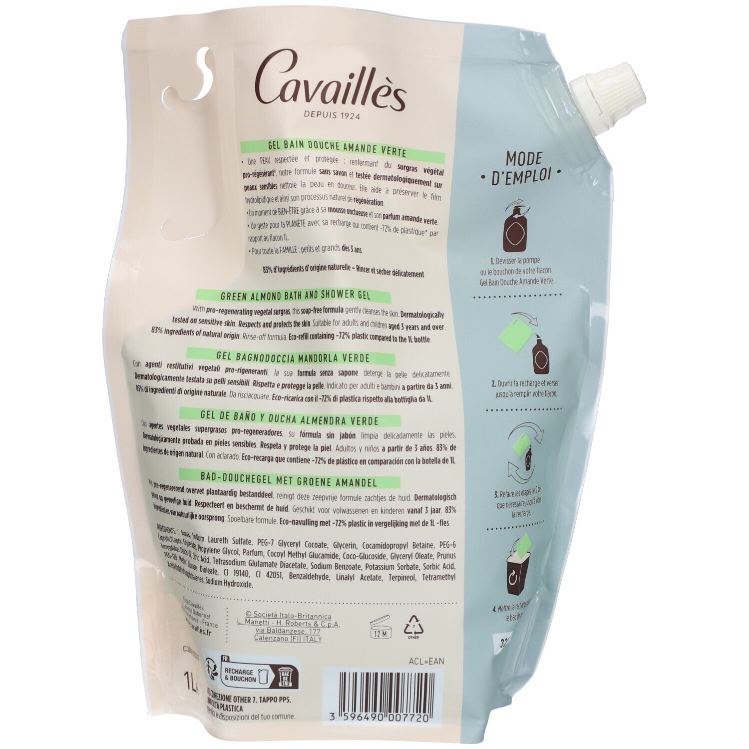 Dos de la recharge de gel douche. Texte et instructions multilingues. Logo et nom du produit visibles.