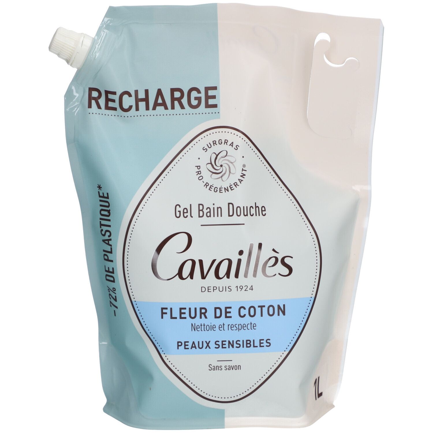 Navulverpakking voor douchegel. Lichtblauwe en witte verpakking met productnaam en logo. Tekst: RECHARGE, Gel Bain Douche, Fleur de Coton.