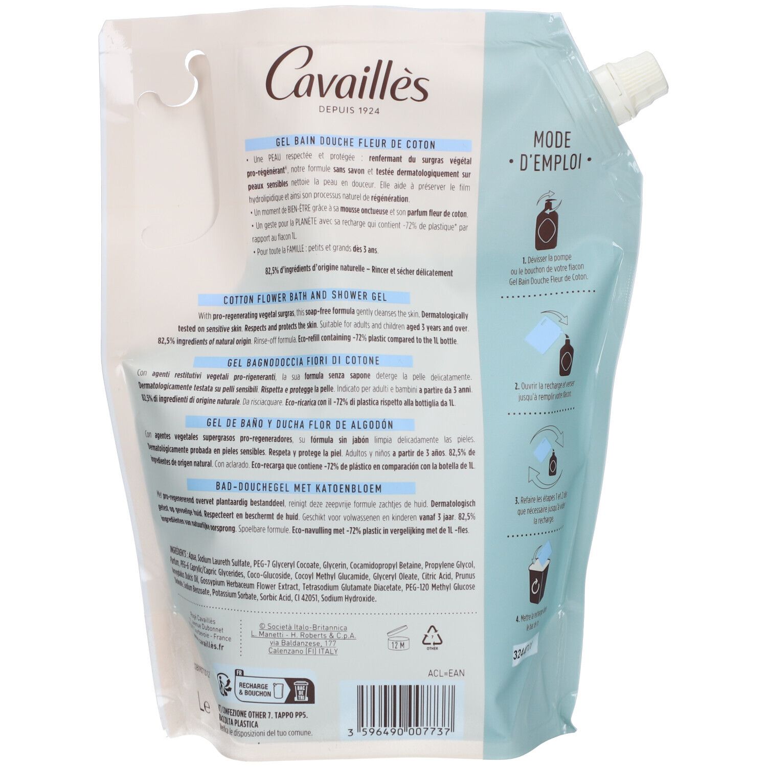 Achterkant van de navulling. Tekst en illustraties. Productnaam en logo. Bevat informatie over gebruik en ingrediënten.