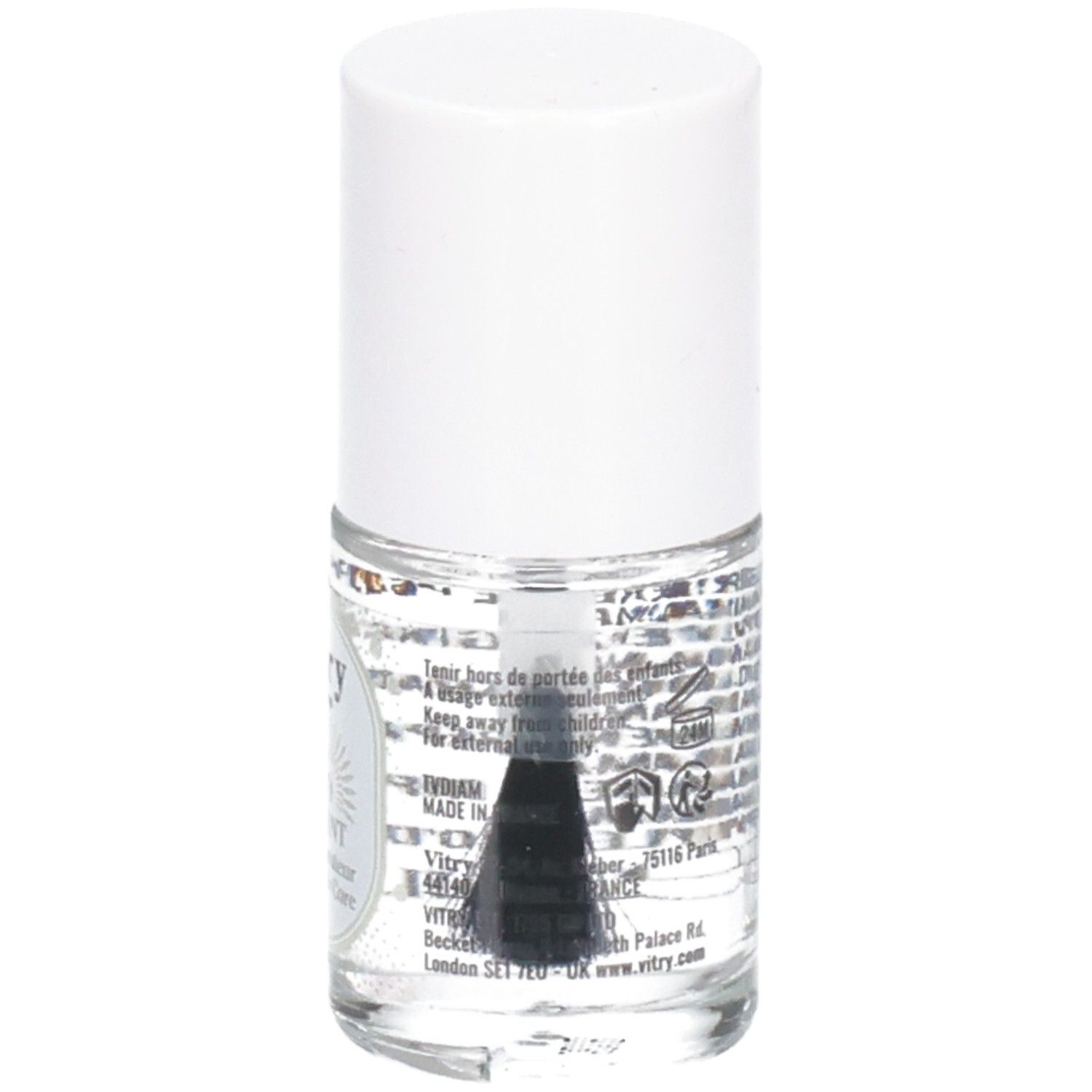 Flacon transparent avec bouchon blanc. Pinceau visible. Dos avec texte.