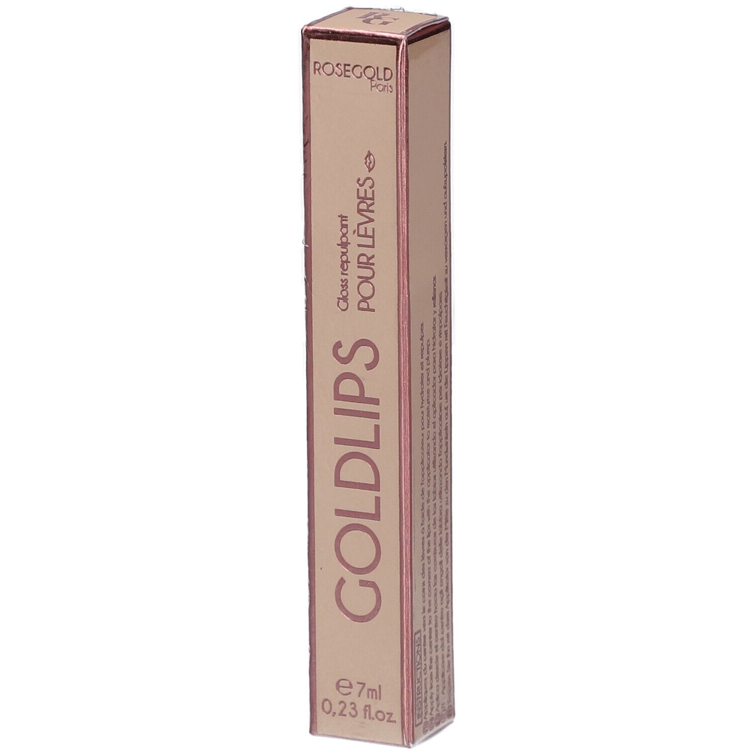 Roze gouden verpakking met GOLDLIPS. Bevat 7ml gloss. Tekst: Gloss repulpant pour lèvres.