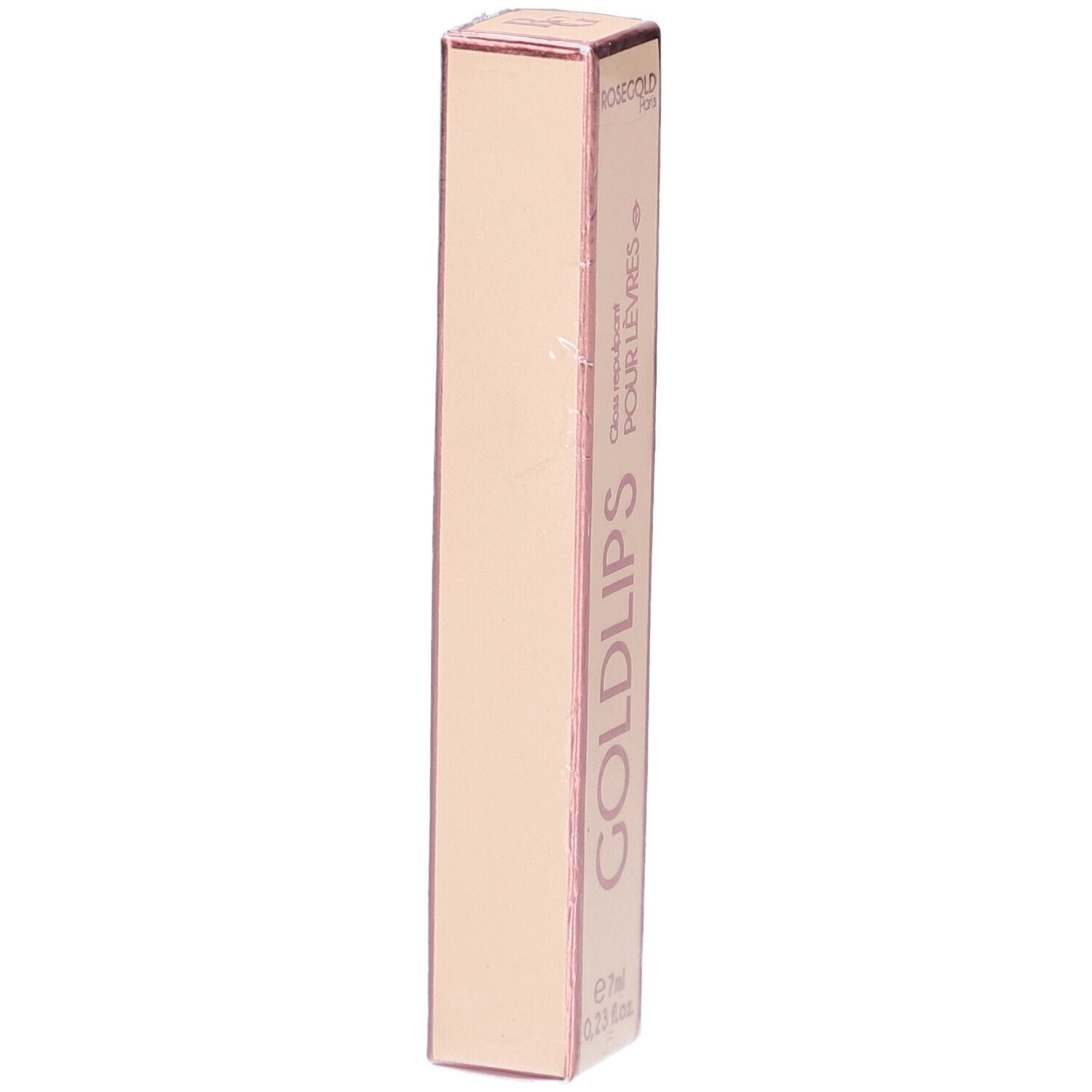 Roze gouden verpakking met GOLDLIPS. Bevat 7ml gloss. Tekst: Gloss repulpant pour lèvres.