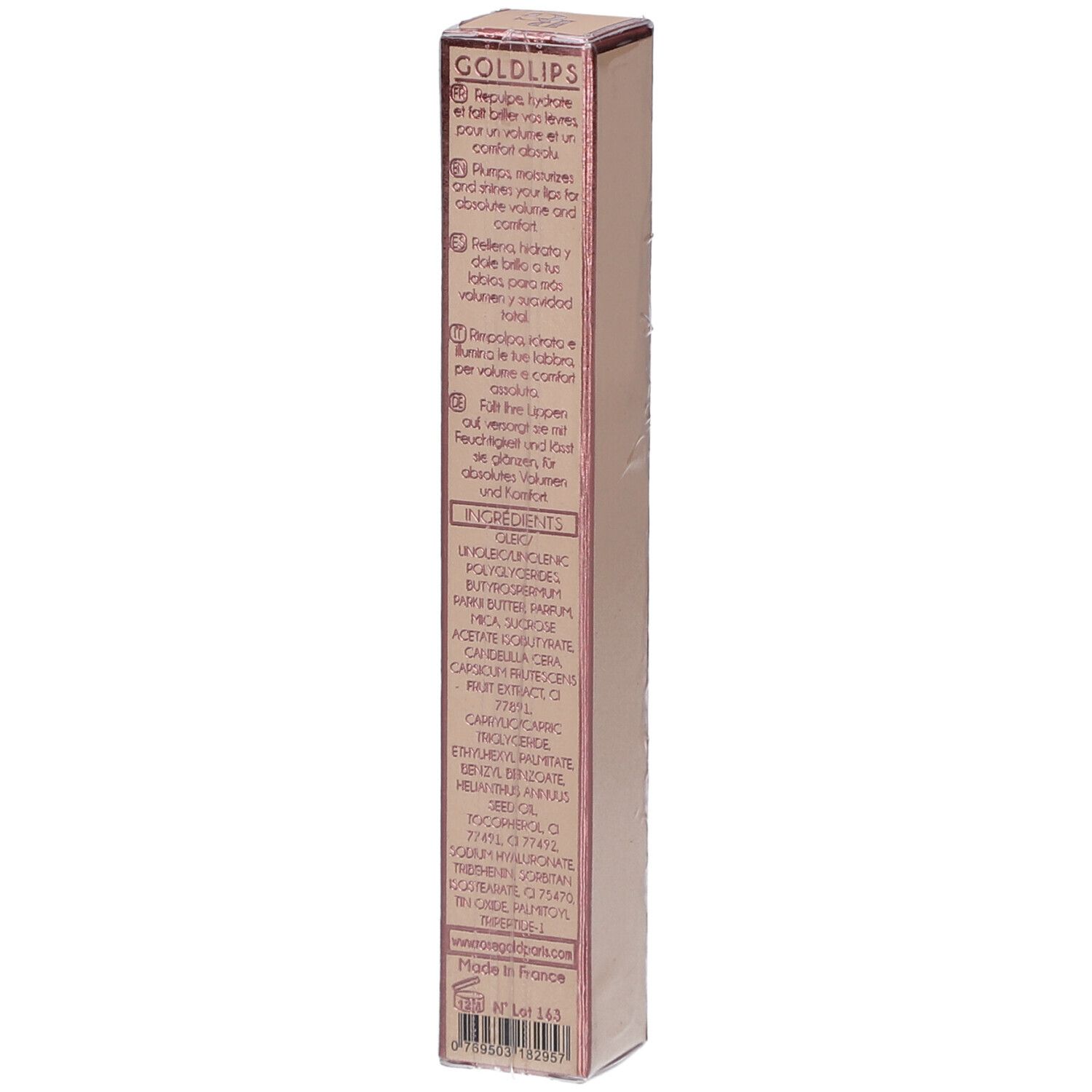Achterkant van de roze gouden verpakking met ingrediënten en instructies. Productnaam: GOLDLIPS. Meertalige tekst.