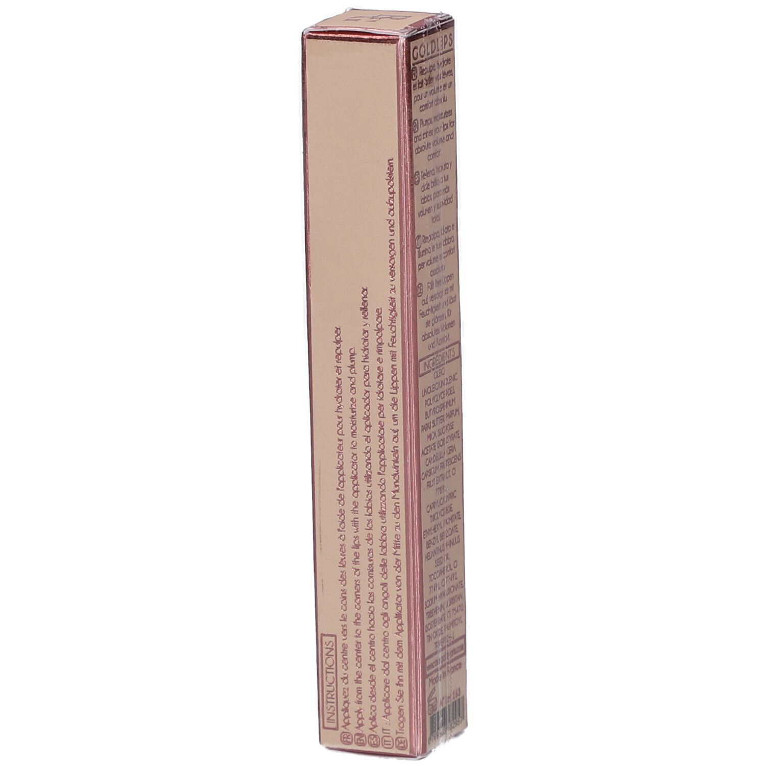 Zijkant van de roze gouden verpakking met instructies. Productnaam: GOLDLIPS. Meertalige tekst.