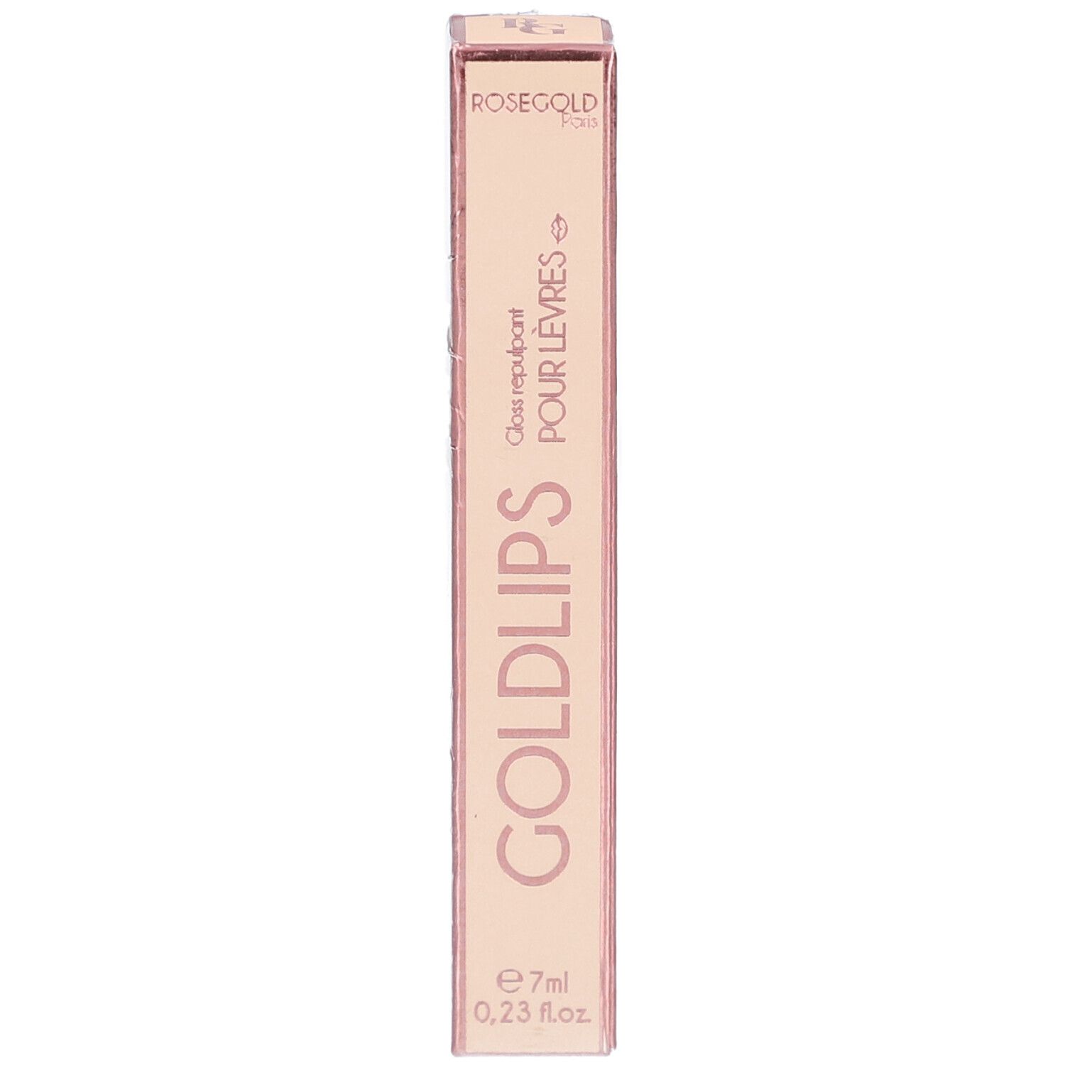Roze gouden verpakking met GOLDLIPS. Bevat 7ml gloss. Tekst: Gloss repulpant pour lèvres.