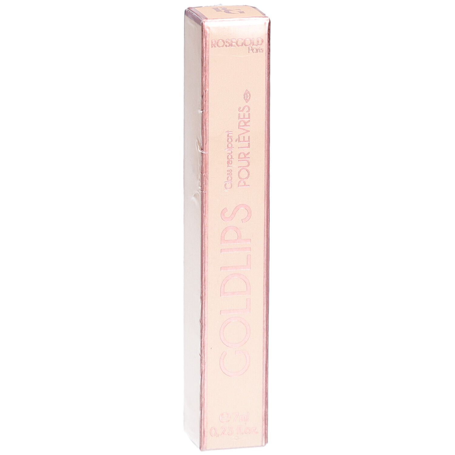 Roze gouden verpakking met GOLDLIPS. Bevat 7ml gloss. Tekst: Gloss repulpant pour lèvres.