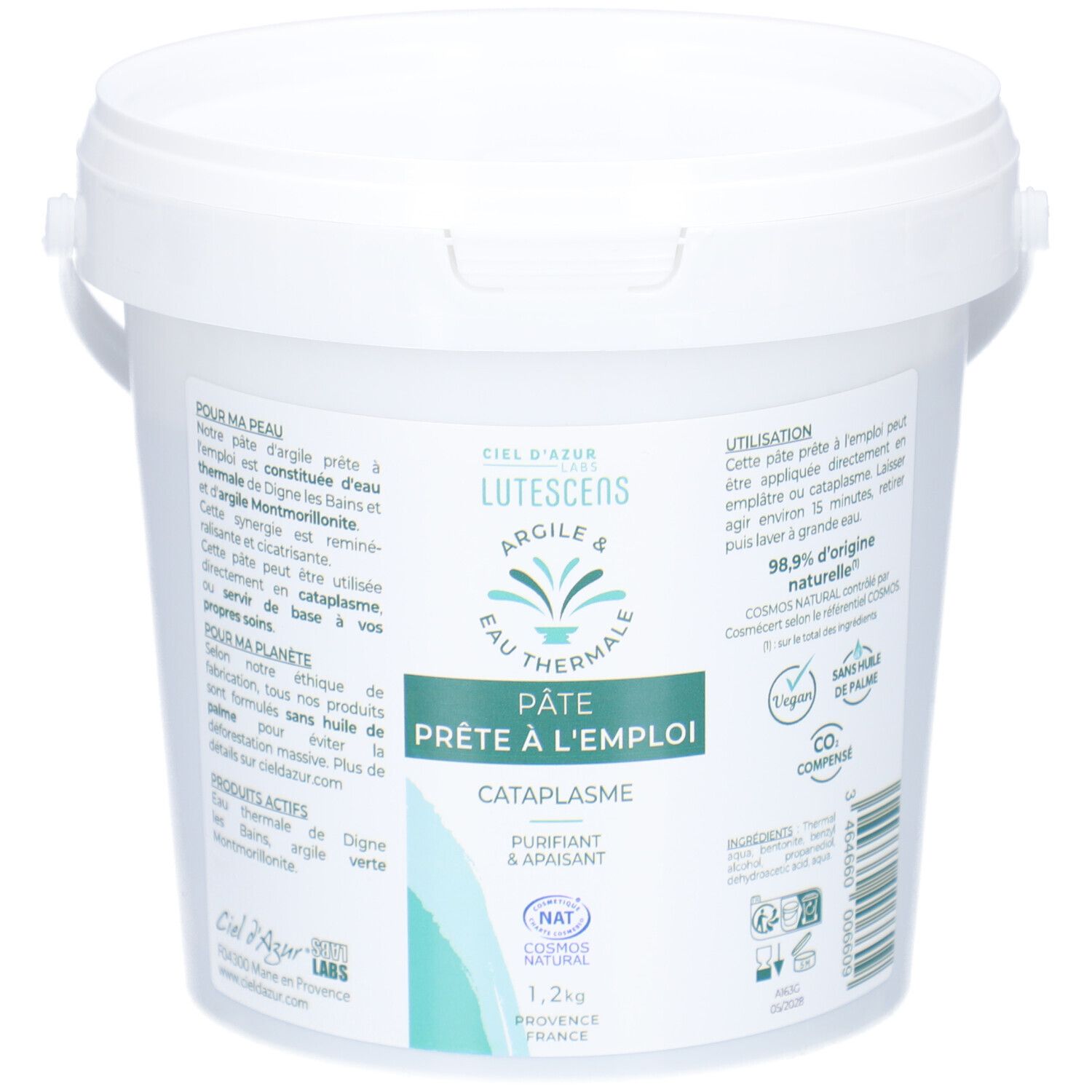 Witte emmer met 'Ciel d'Azur Lutescens Pâte Prête à l'Emploi'. Tekst: 'Argile & Eau Thermale'. Bevat 1,2 kg.