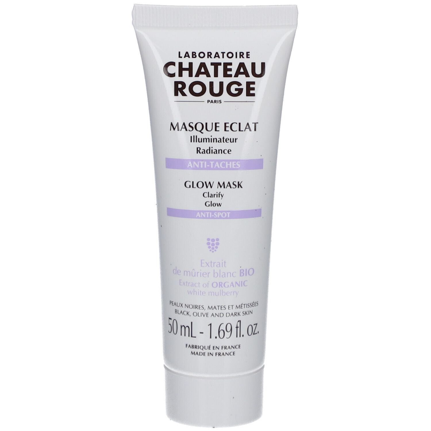 Witte-paarse tube met product- en merknaam. Tekst: Masque Eclat, Glow Mask, Anti-Taches. 50ml.