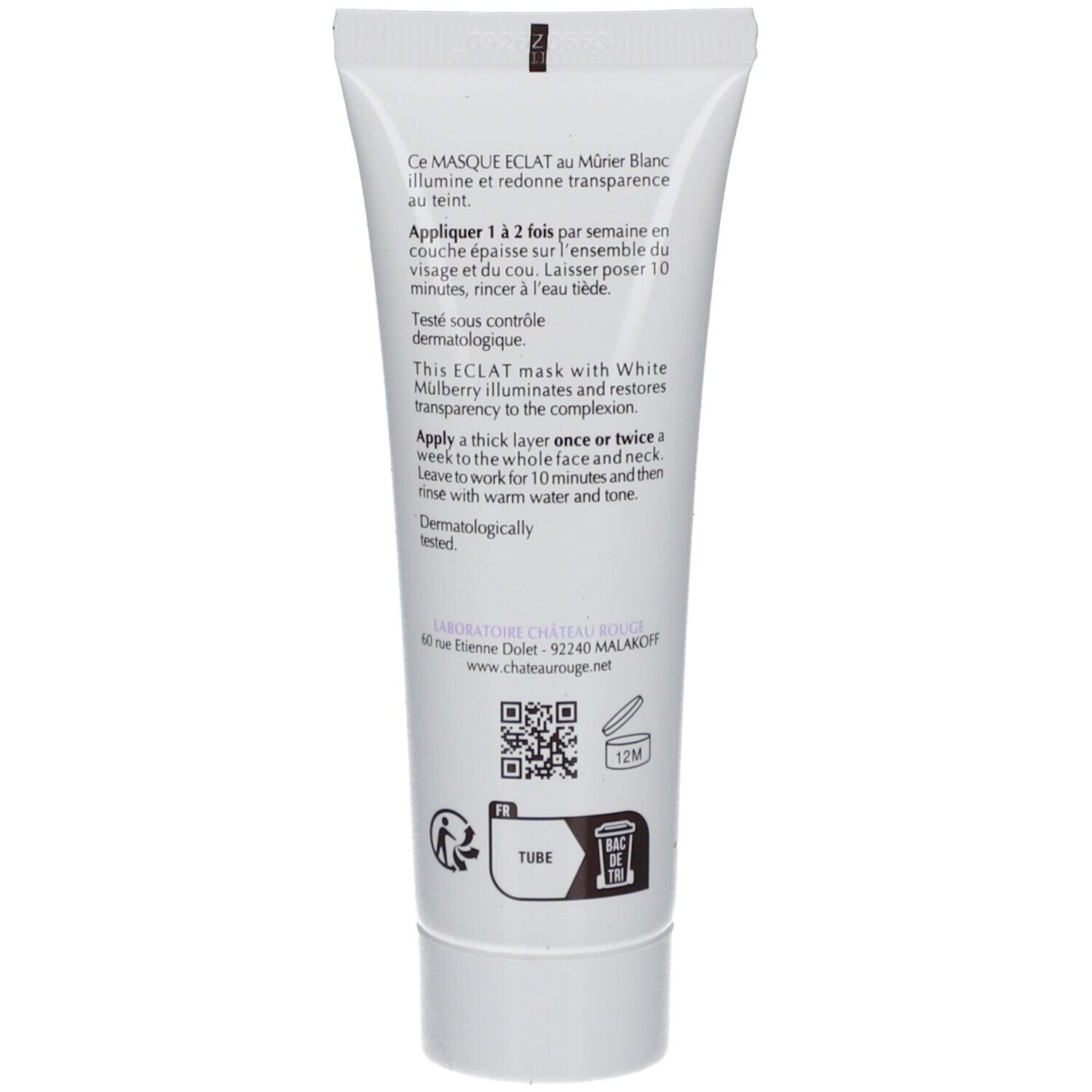 Achterkant van de witte tube. Tekst: gebruiksaanwijzing, dermatologisch getest. QR-code en logo's.