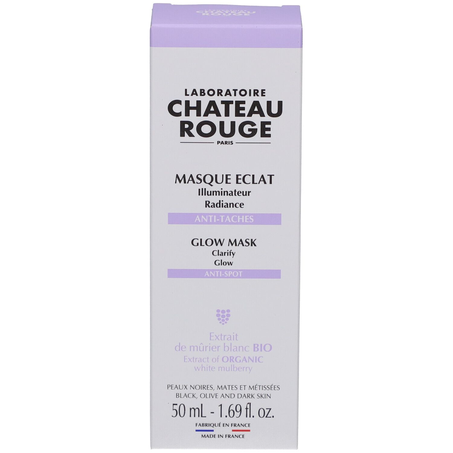 Paarse doos met product- en merknaam. Tekst: Masque Eclat, Glow Mask, Anti-Taches. 50ml.
