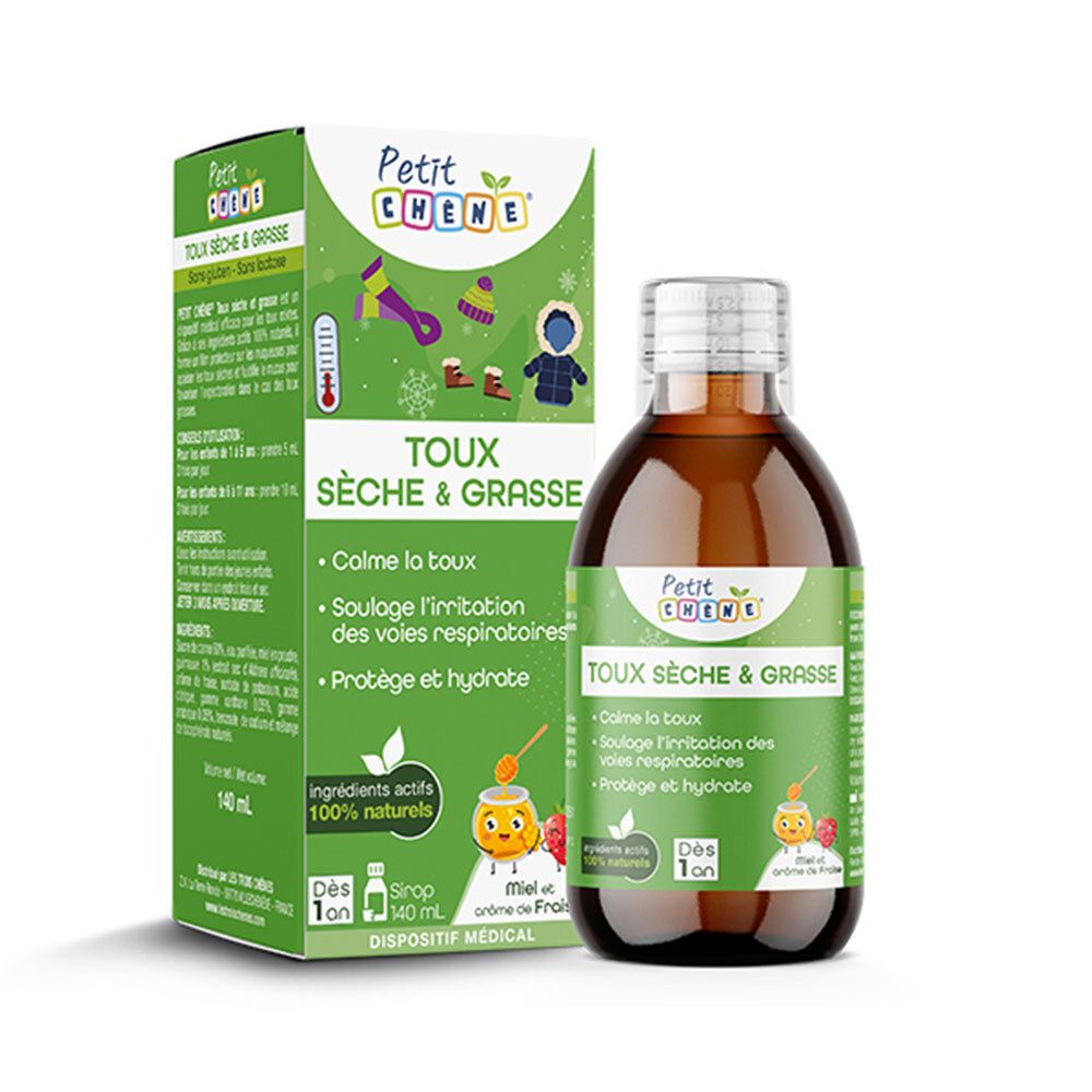Les 3 Chênes Petit Chêne Toux Sèche & Grasse. Flacon et boîte. Arômes miel et fraise. Dispositif médical.