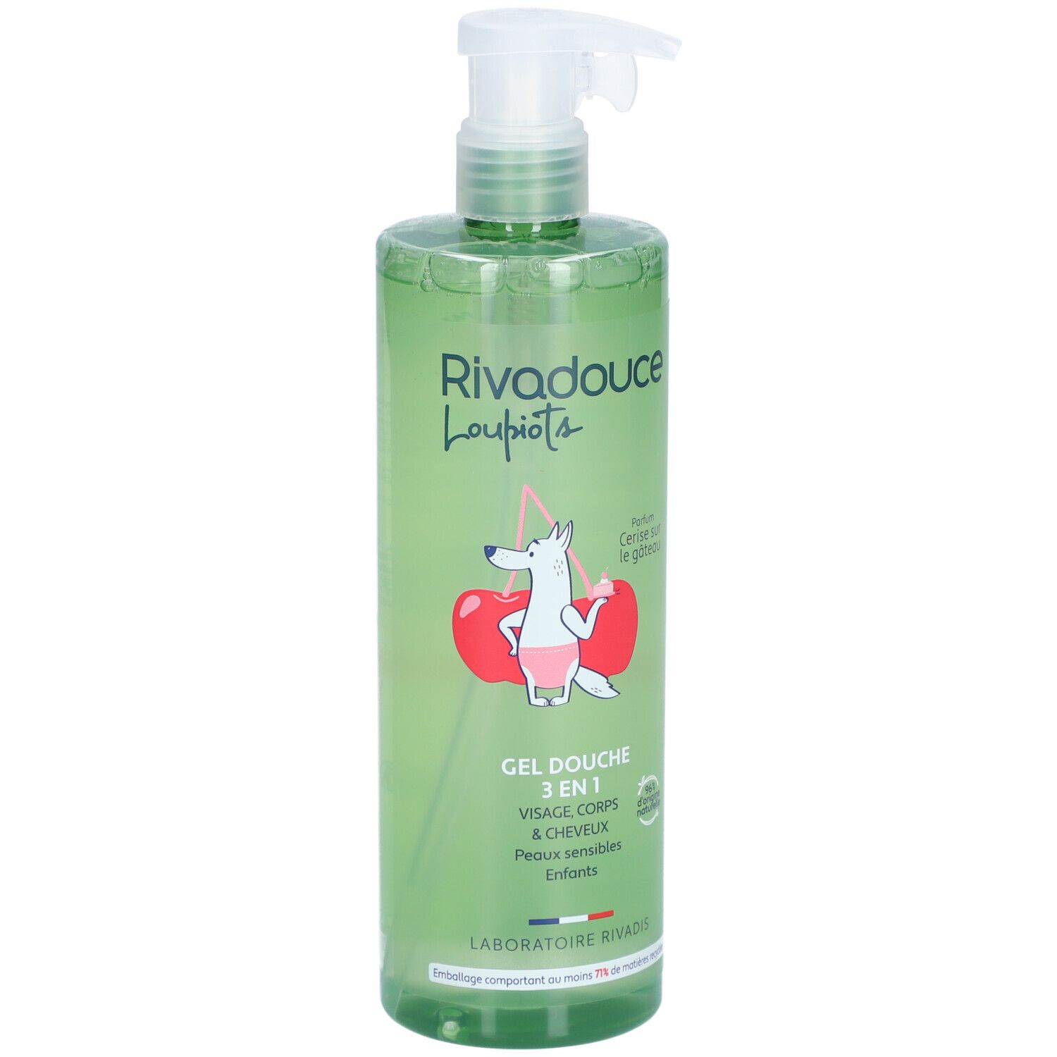 Flacon vert de gel douche Rivadouce Loupiots 3 en 1. Illustration de cerise et pompe doseuse. Pour visage, corps et cheveux.