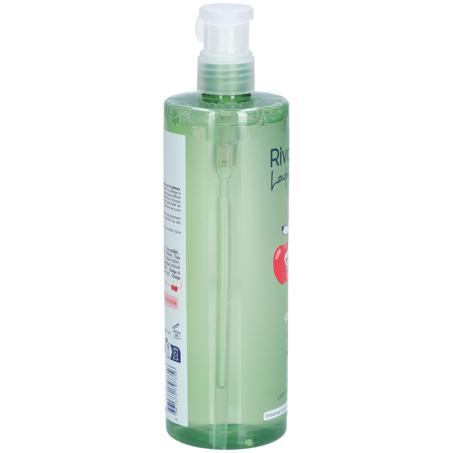 Flacon vert de gel douche Rivadouce. Vue latérale avec texte et pompe doseuse. Contient des informations et des ingrédients.