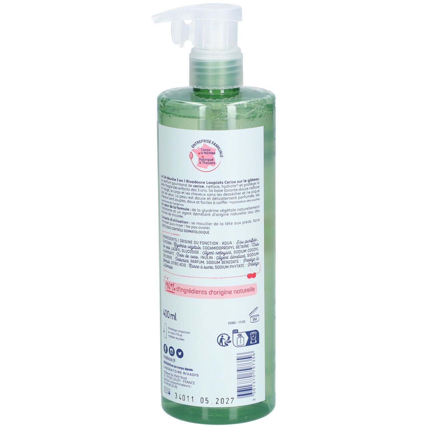 Dos du flacon vert de gel douche Rivadouce Loupiots. Contient du texte, des ingrédients et des certifications.