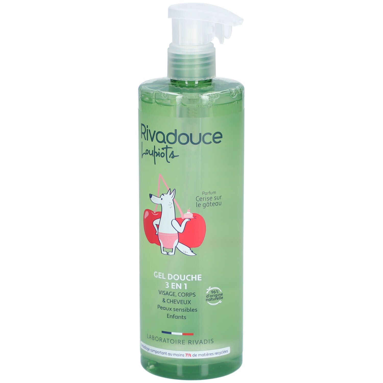 Flacon vert de gel douche Rivadouce Loupiots 3 en 1. Illustration de cerise et pompe doseuse. Pour visage, corps et cheveux.