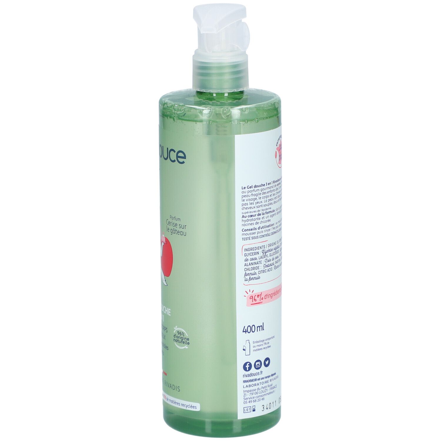 Flacon vert de gel douche Rivadouce. Vue latérale avec texte et pompe doseuse. Contient des informations et des ingrédients.