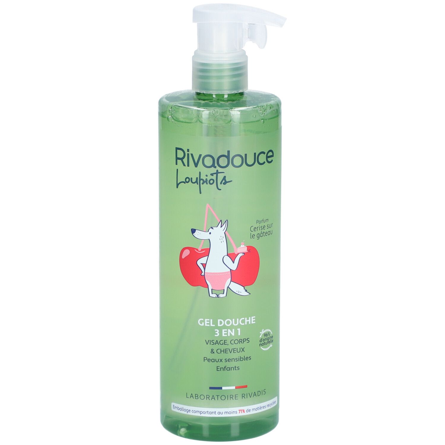 Flacon vert de gel douche Rivadouce Loupiots 3 en 1. Illustration de cerise et pompe doseuse. Pour visage, corps et cheveux.