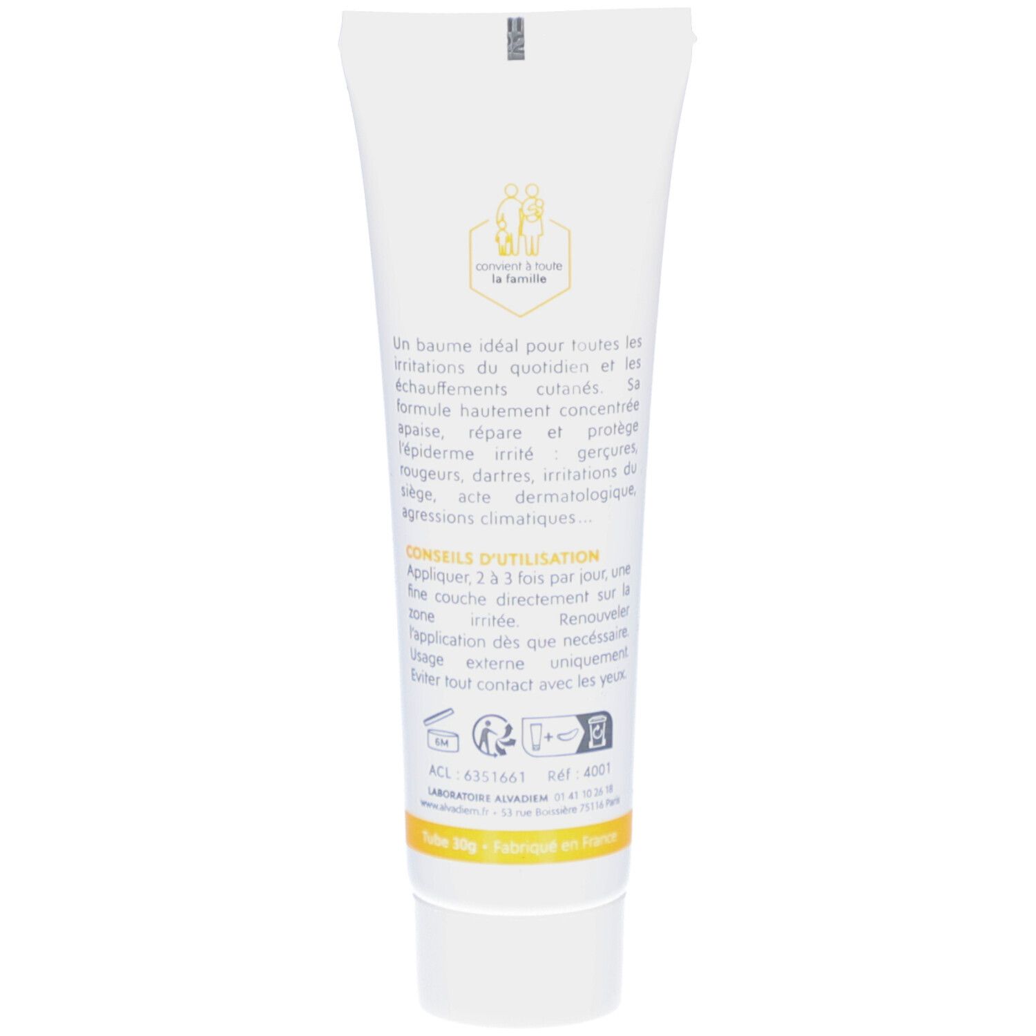 Dos du tube. Texte en français. Logo avec nid d'abeilles et famille.