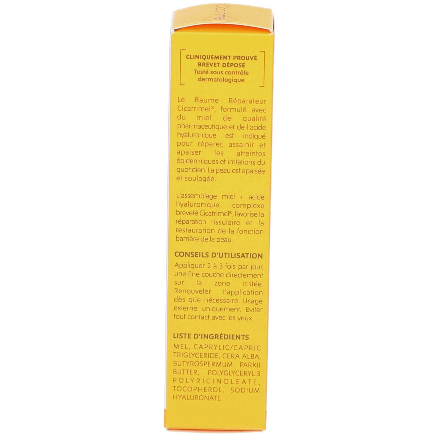 Boîte jaune, texte en français. Ingrédients et conseils d'utilisation. Logo.