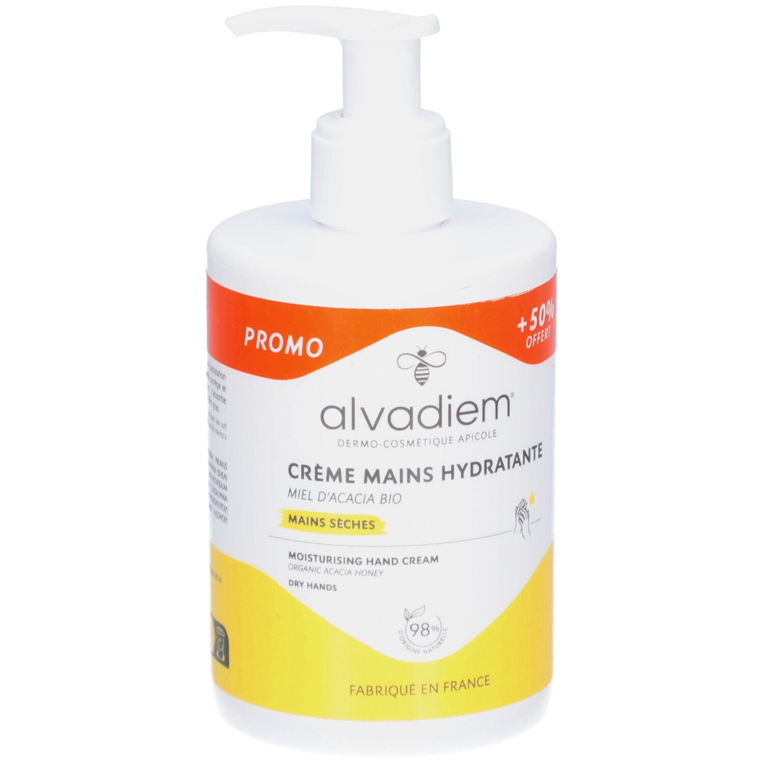 Witte fles met pompsluiting. Etiket met productnaam en 'Promo'. Gele en oranje achtergrond. Tekst: Crème Mains Hydratante.