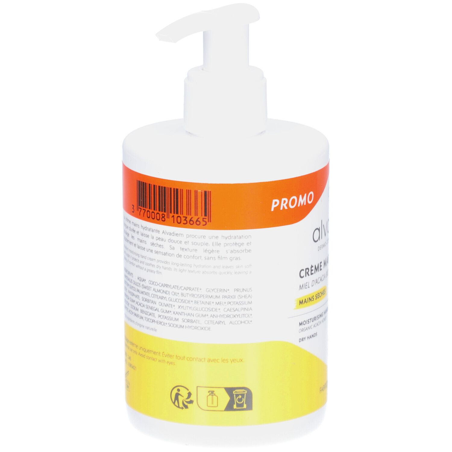 Achterkant van de witte fles met pompsluiting. Etiket met tekst en barcode. Gele en oranje achtergrond. Tekst: Crème Mains Hydratante.