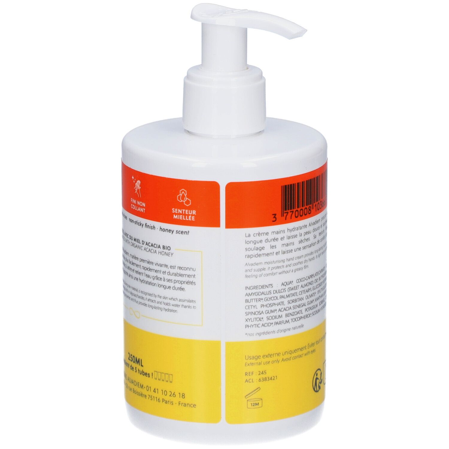 Achterkant van de witte fles met pompsluiting. Etiket met tekst en barcode. Gele en oranje achtergrond. Tekst: Crème Mains Hydratante.