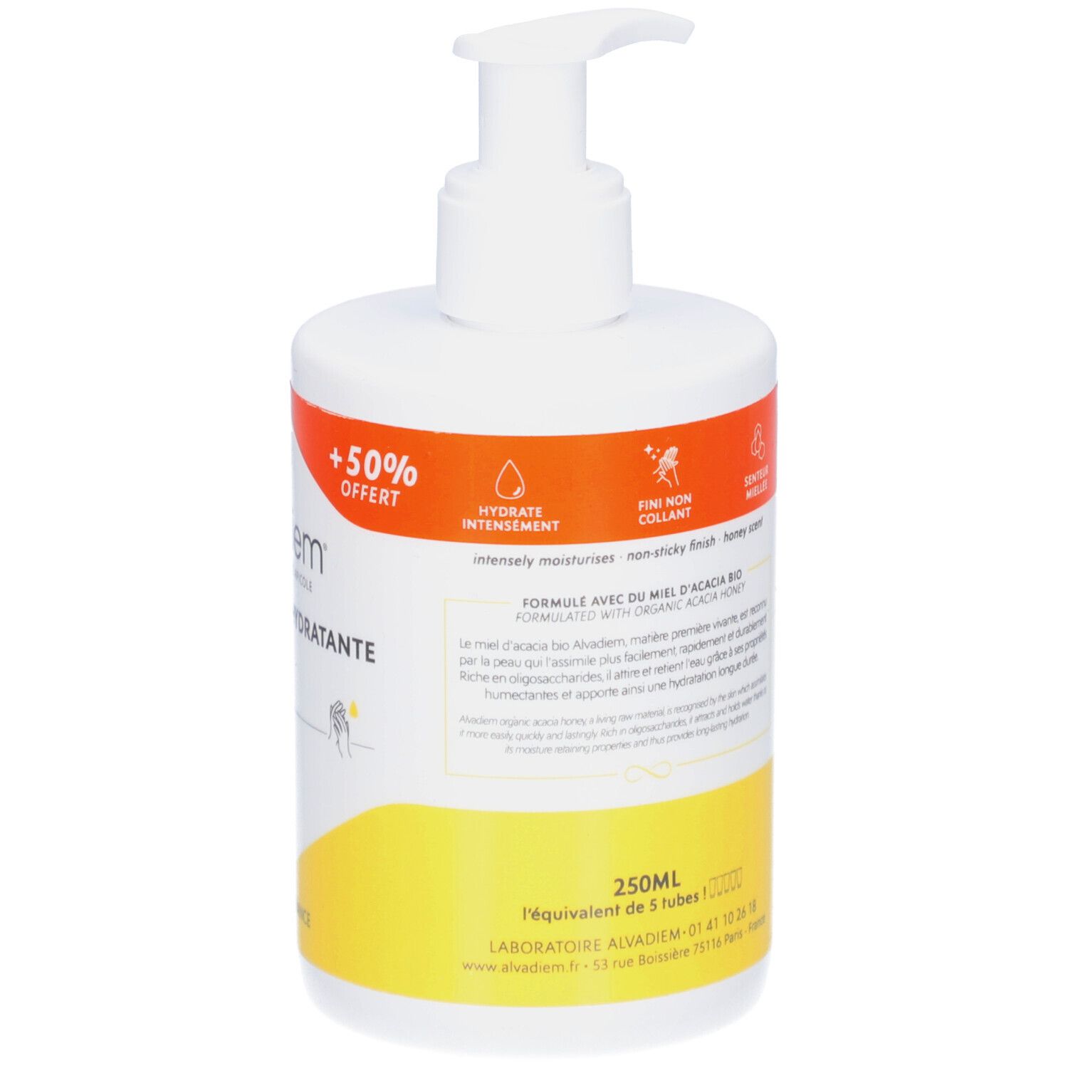 Witte fles met pompsluiting. Etiket met productnaam en 'Promo'. Gele en oranje achtergrond. Tekst: Crème Mains Hydratante.