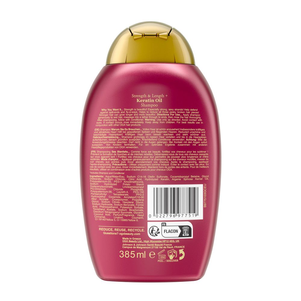 Dos d'un flacon de shampooing rouge. Texte et code-barres. 385 ml.