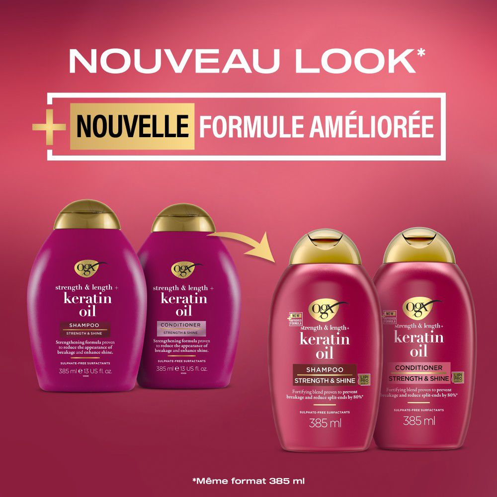 Image publicitaire avec flacons de shampooing et après-shampooing. Texte : Nouvelle formule, Keratin Oil.