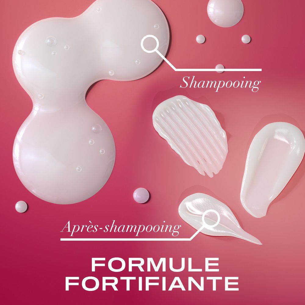 Illustration des textures de shampooing et de revitalisant. Texte : Formule, Shampooing, Après-shampooing.