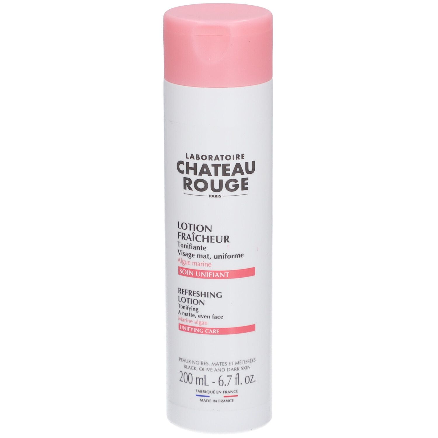 Flacon blanc, bouchon rose. Inscription: LABORATOIRE CHATEAU ROUGE. Lotion Fraicheur Tonifiante. 200 ml.