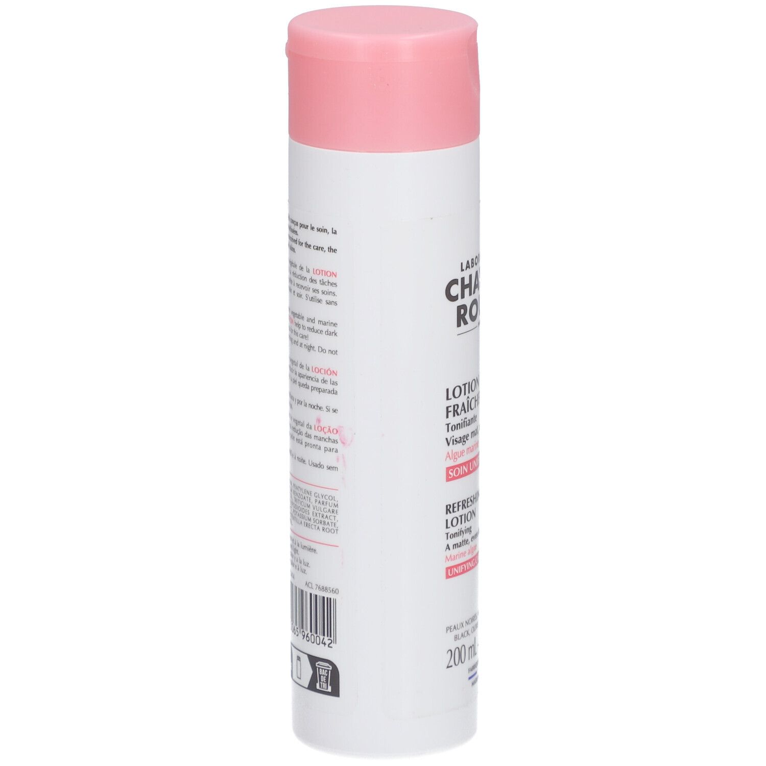 Flacon blanc, bouchon rose. Dos avec texte et code-barres. 200 ml.