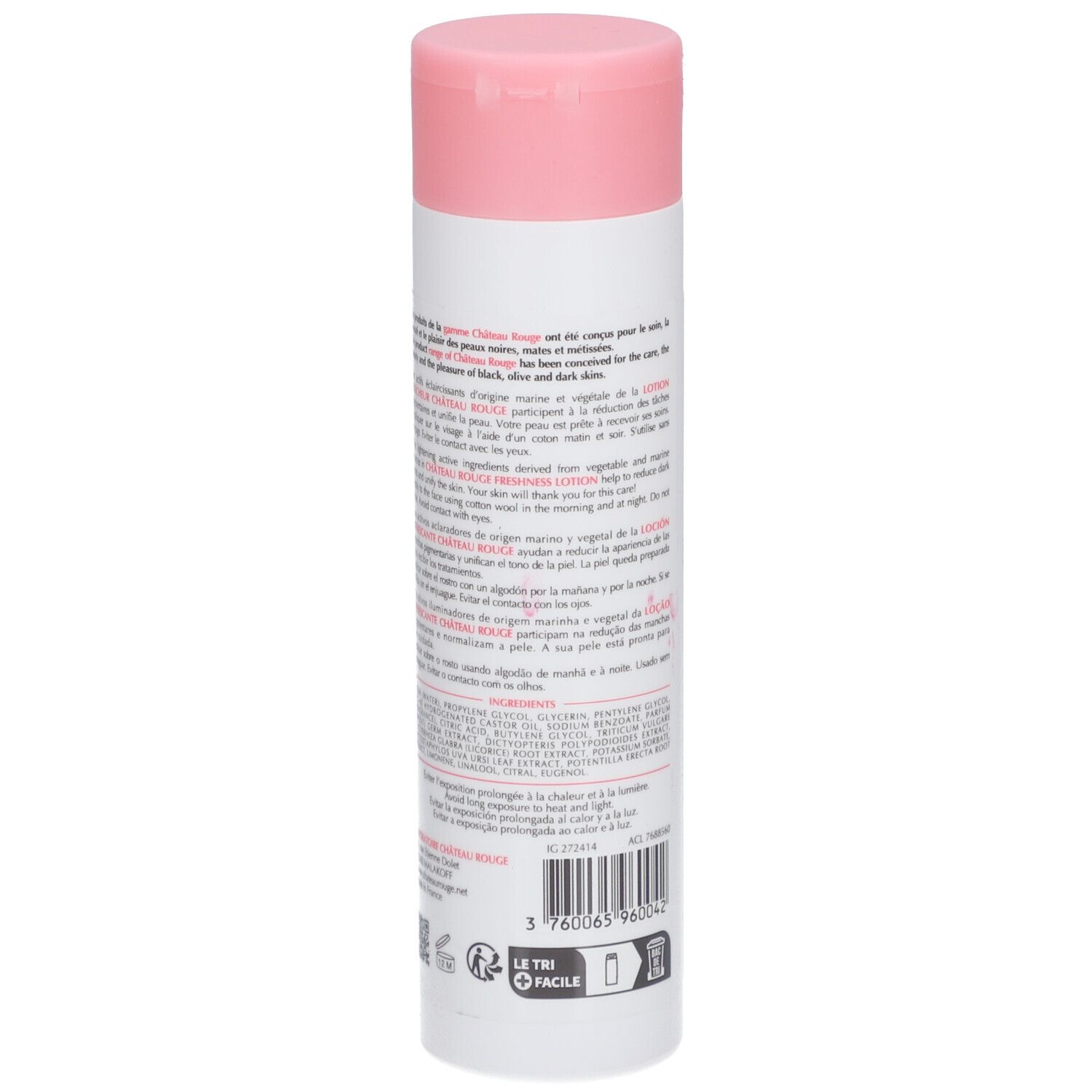 Flacon blanc, bouchon rose. Dos avec texte. 200 ml.