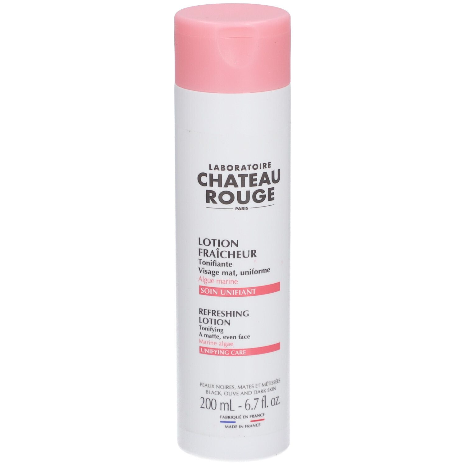 Flacon blanc, bouchon rose. Inscription: LABORATOIRE CHATEAU ROUGE. Lotion Fraicheur Tonifiante. 200 ml.