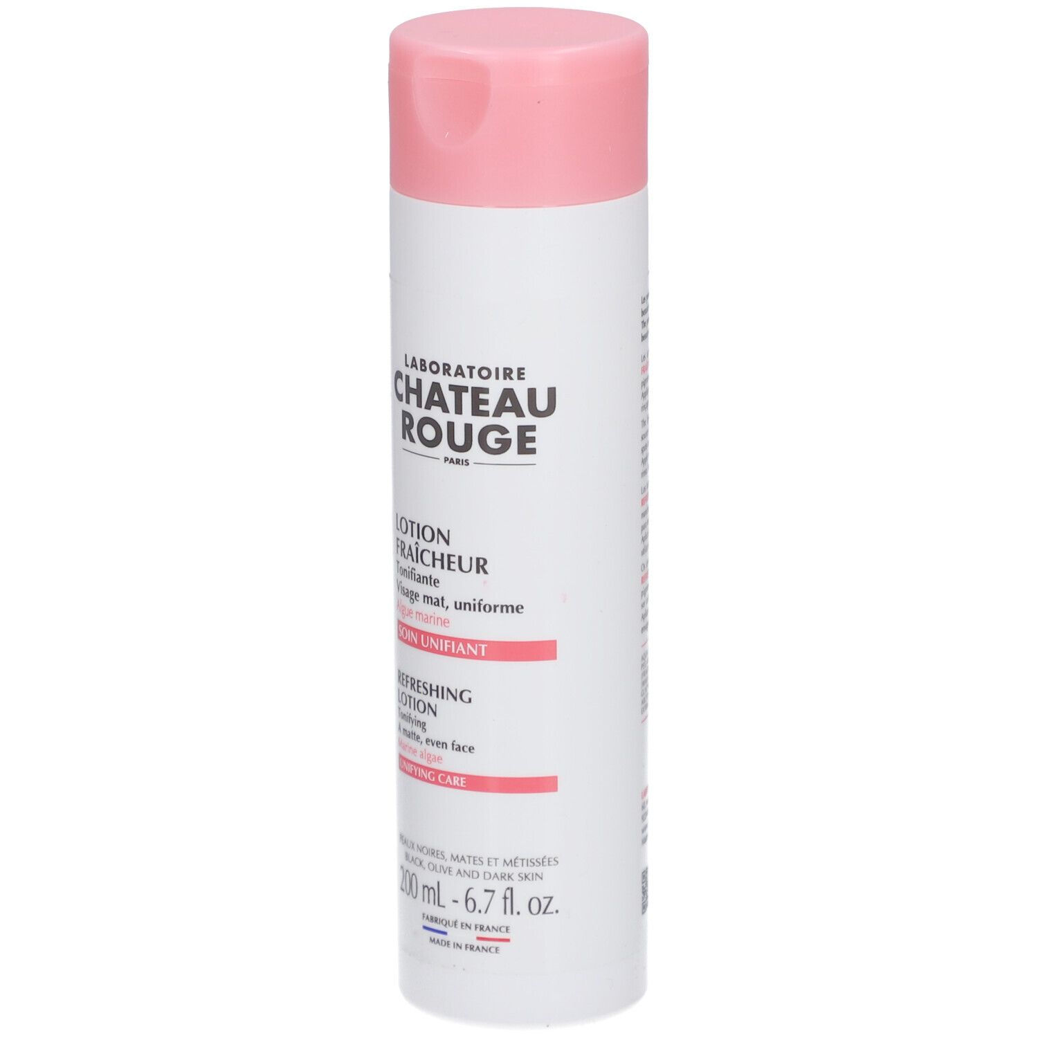 Flacon blanc, bouchon rose. Inscription: LABORATOIRE CHATEAU ROUGE. Lotion Fraicheur Tonifiante. 200 ml.