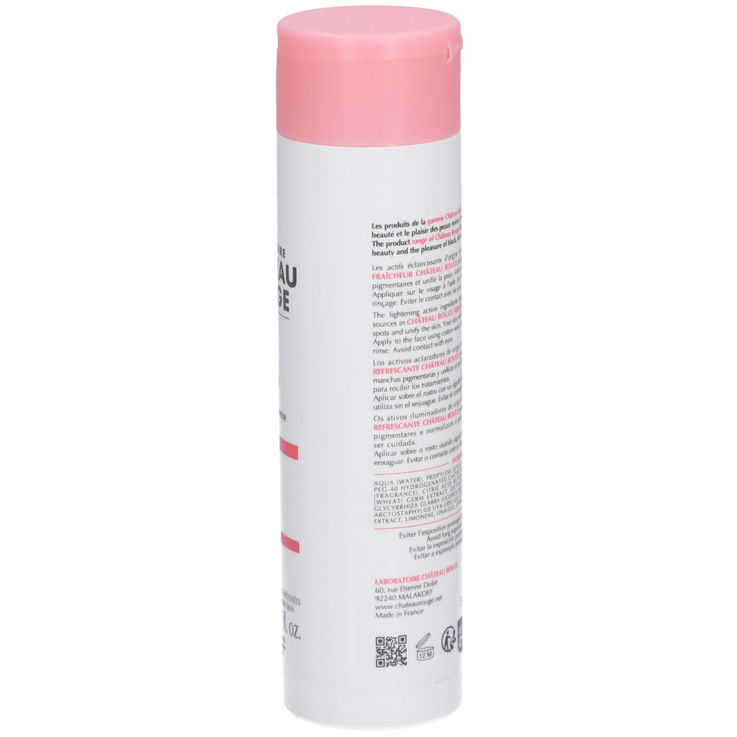 Flacon blanc, bouchon rose. Dos avec texte. 200 ml.